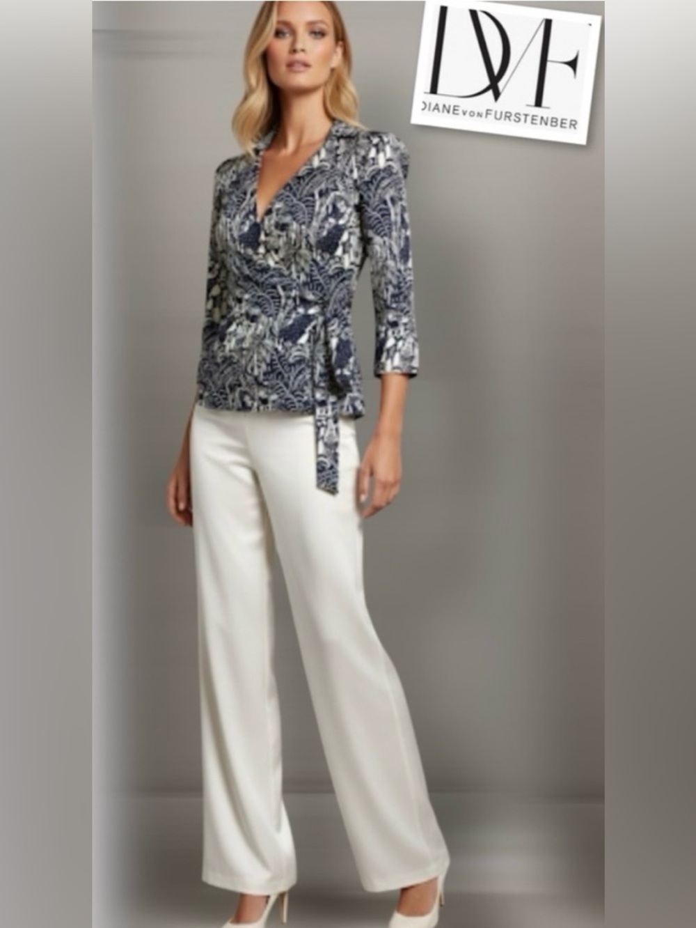 Diane Von Furstenberg Jeanne Dancing Sailor Print 100% Silk Wrap Blouse Top Sz 2